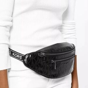 Michael Kors Black MK Logo Leather Belt Bag with Branded Strap